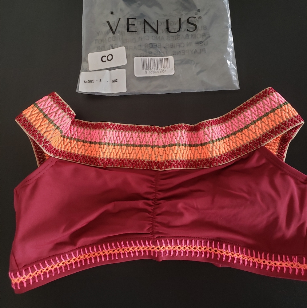 VENUS off the shoulder bralette bikini top. Maroon with embroidery detail. NEW